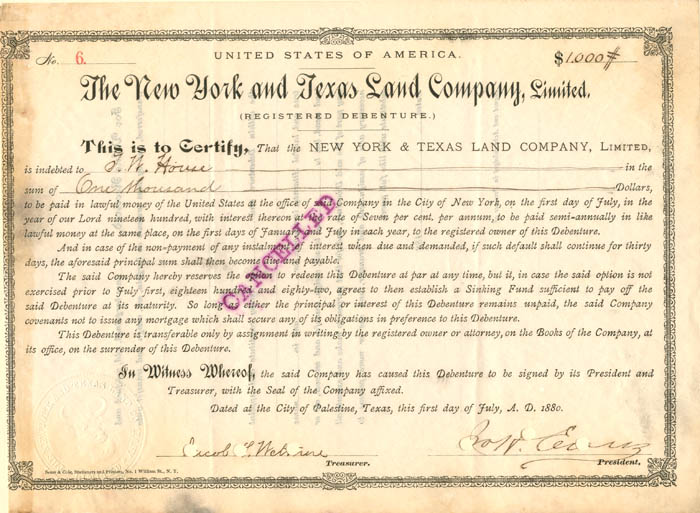 New York and Texas Land Co., Limited - Bond